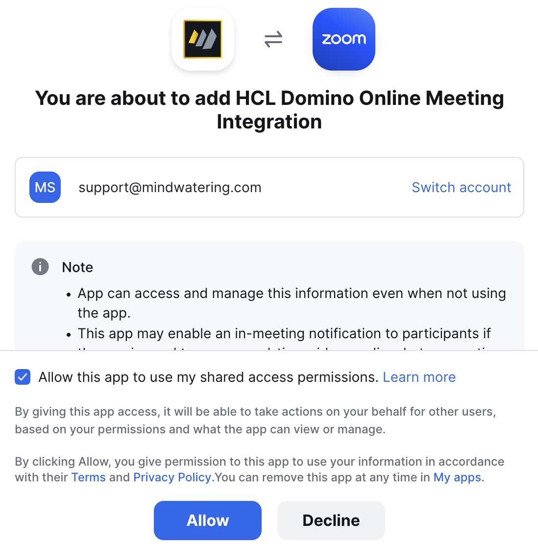 HCL Zoom Integration Approval Page