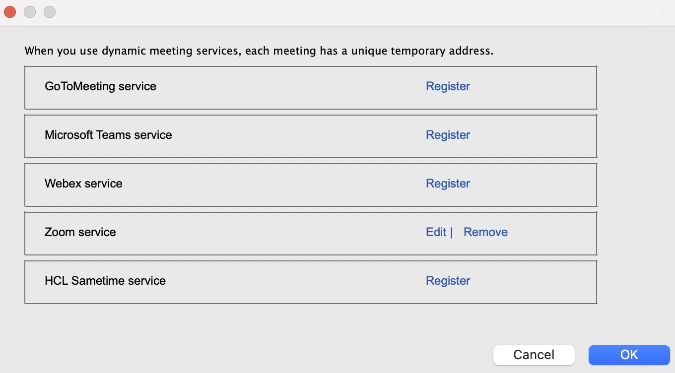 Configure Dynamic Meeting Services dialog