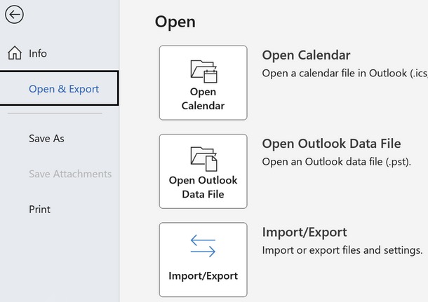 Outlook Open and Export Dialog options