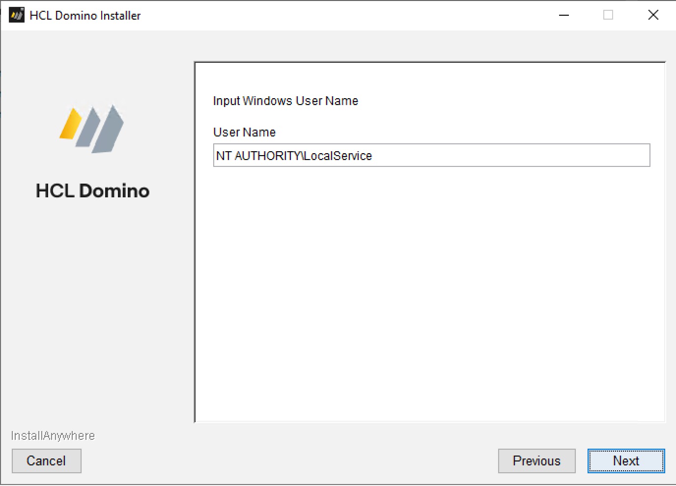 HCL Domino Installer - Input Windows User Name page