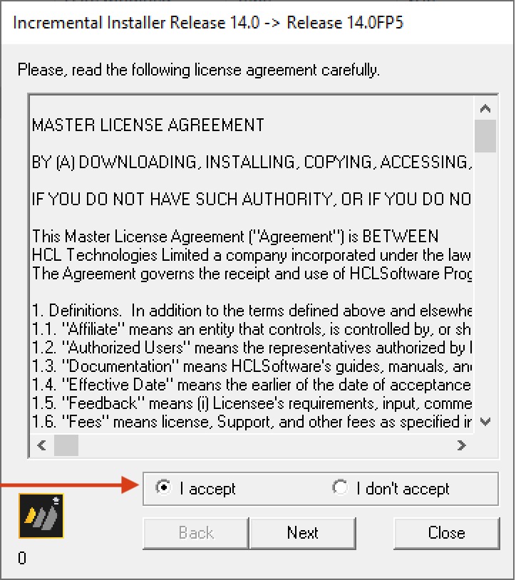 Incremental Installer Release 14.0 to 14.0FP5 dialog