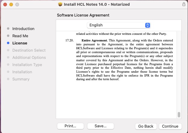 Installation Software License Agreement Dialog